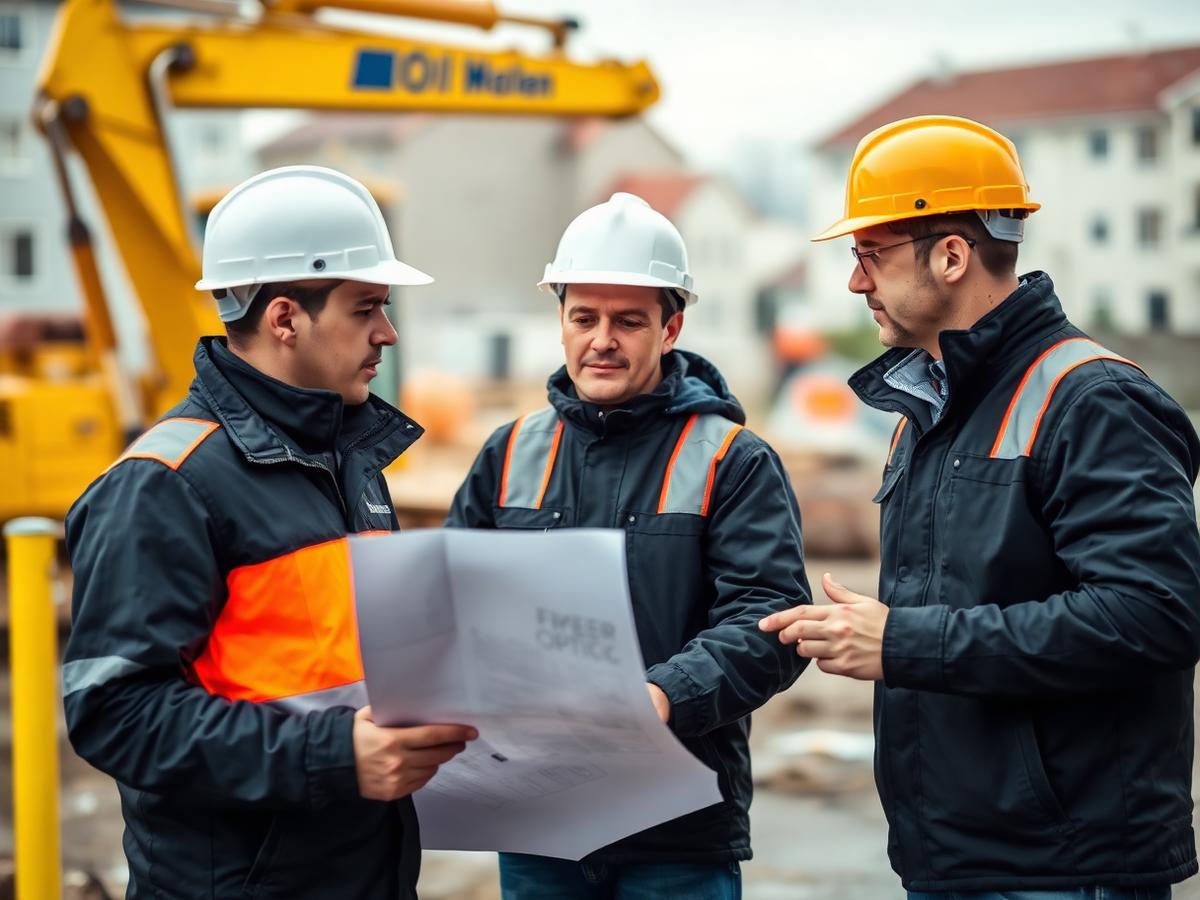 Bauleiter und Monteure besprechen den Bauplan auf der Baustelle