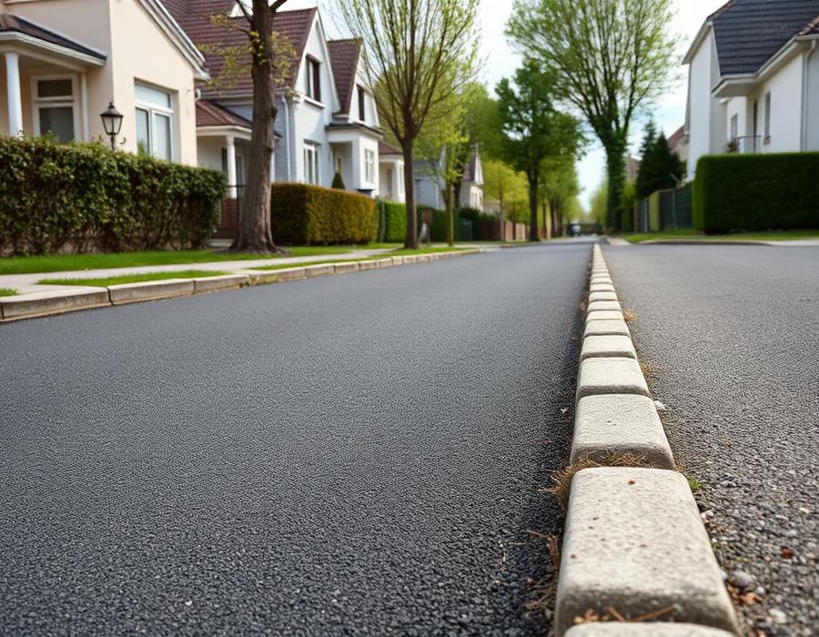 Neu hergestellte Asphaltfläche mit Bordsteinen
