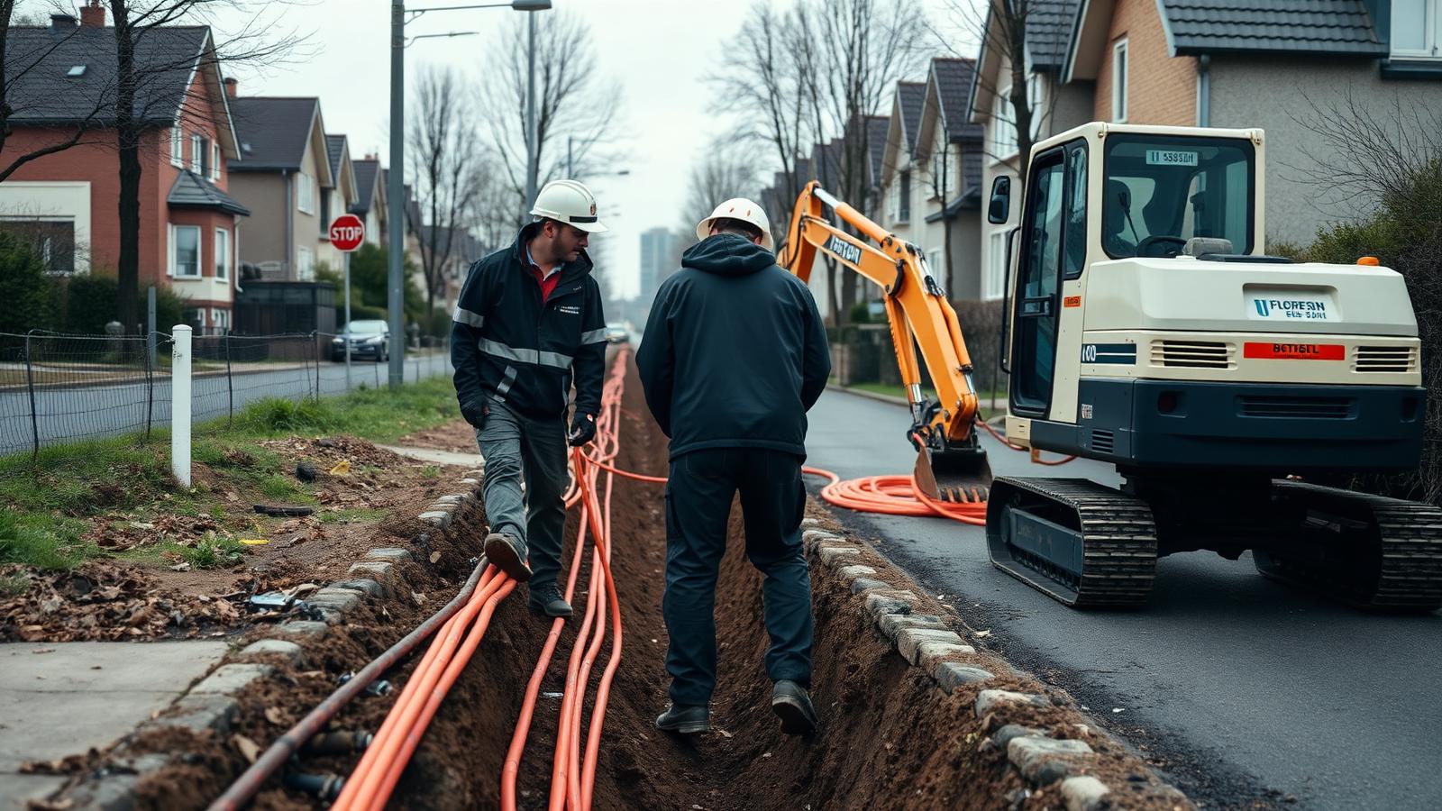 Glasfaser-Tiefbaustelle mit Leerrohren in einer Wohnstraße